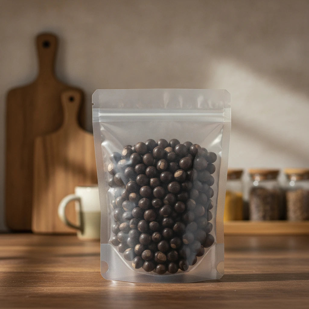 Guarana Seed Whole (Paullinia Cupana) | The herb/berry/powder/fruit/root/bark/seeds that is in the black bowl, i would like it to shown in a plastic stand up resalable pouch that is clear.