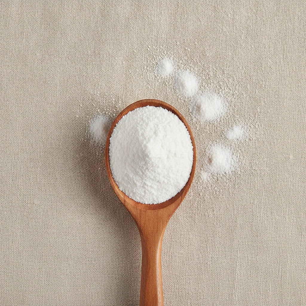 Gypsum Powder (Calcium Sulfate Dihydrate) (CaSO₄·2H₂O) | Create a luxurious, photorealistic product photograph featuring the original product naturally arranged in an elegant handcrafted wooden spoon on a soft, finely