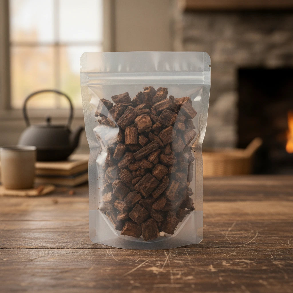 Hainan Rosewood Pieces (Dalbergia Odorifera) | The herb/berry/powder/fruit/root/bark that is in the black bowl, i would like it to shown in a plastic stand up resalable pouch that is clear.