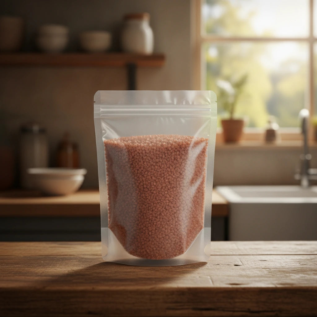 Hawaiian Red Alaea Sea Salt | The herb/berry/powder/fruit/root/bark that is in the black bowl, i would like it to shown in a plastic stand up resalable pouch that is clear.