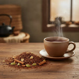 Herbal Chocolate Chai Tea (Aspalathus Linearis) | Can you show this tea outside of the bag and bowl, on a table next to a hot tea cup in a rustic home.