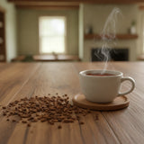Herbal Moka Java | Can you show this tea outside of the bag and bowl, on a table next to a hot tea cup in a rustic home.