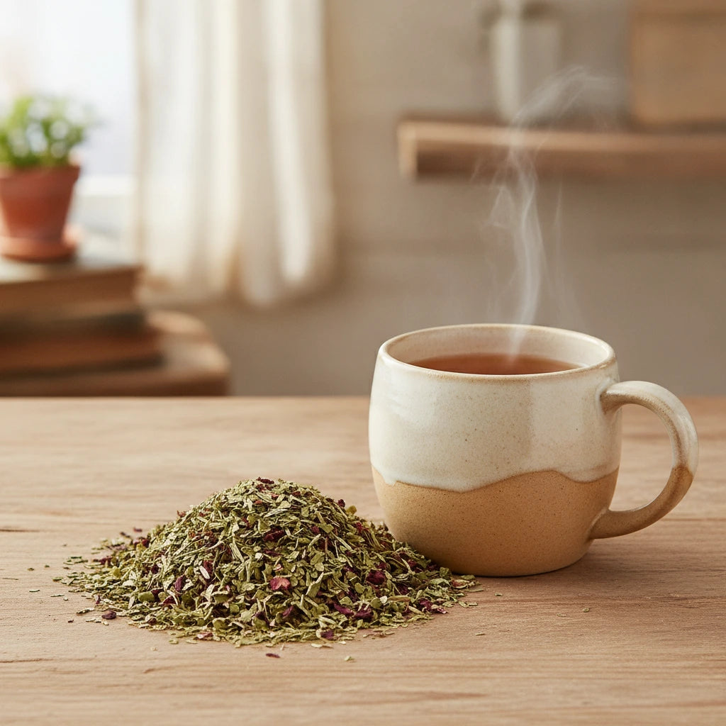 Hibiscus Mate Tereré | Can you show this tea outside of the bag and bowl, on a table next to a hot tea cup in a rustic home.
