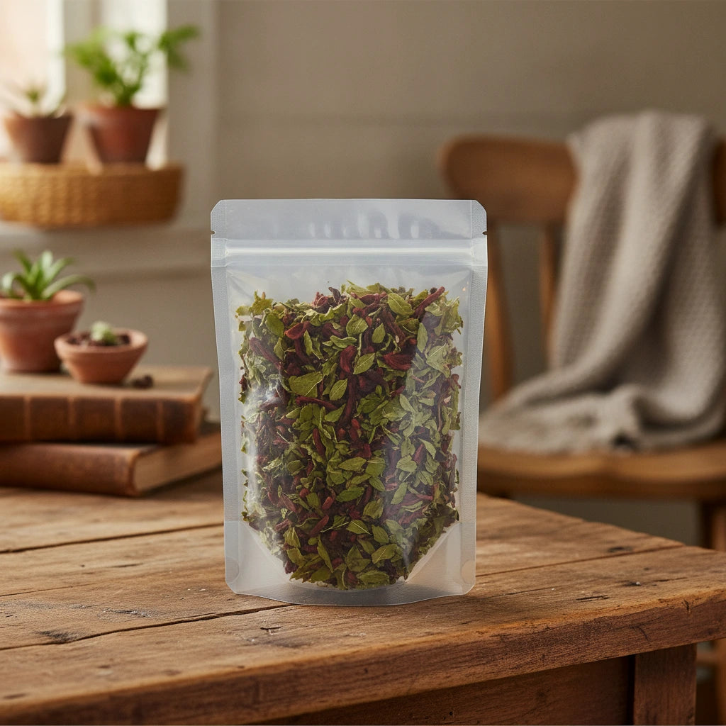 Hibiscus Mint Herbal Tea | The herb/powder/tea that is in the black bowl, i would like it to shown in a plastic stand up resalable bag that is clear.