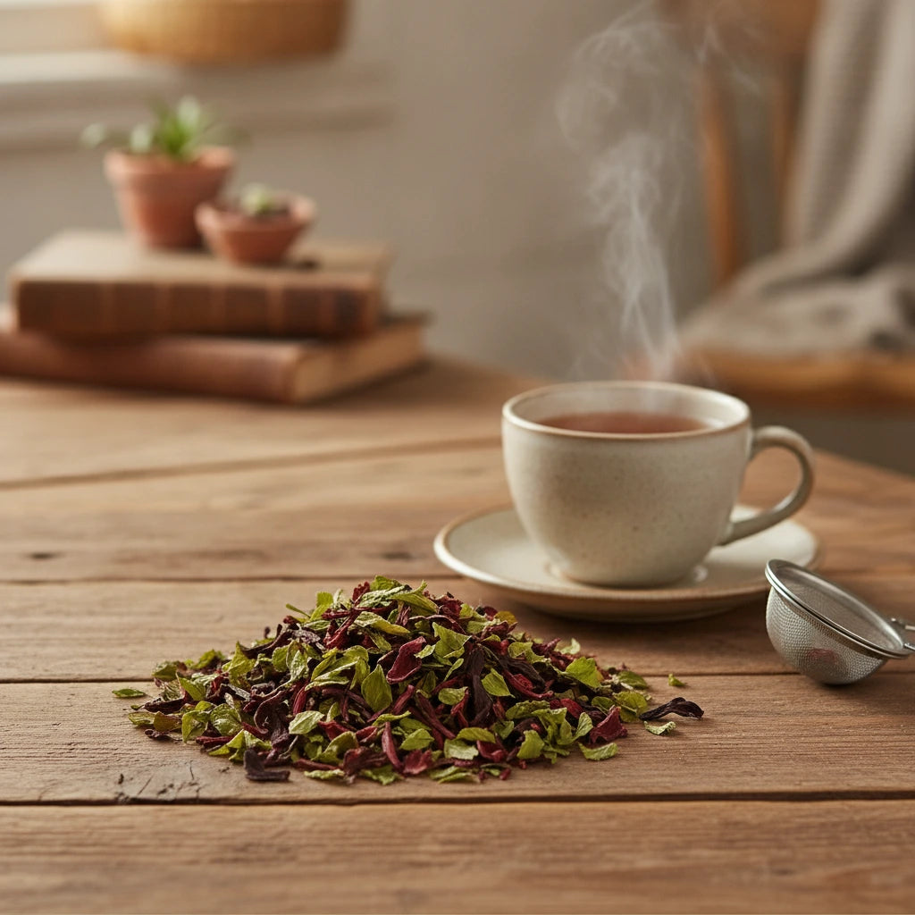 Hibiscus Mint Herbal Tea | Can you show this tea outside of the bag and bowl, on a table next to a hot tea cup in a rustic home.