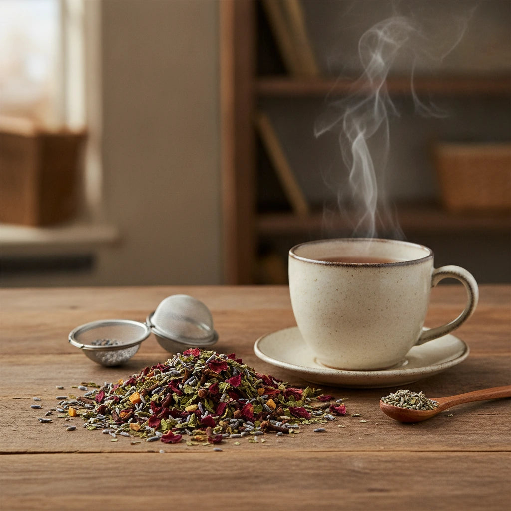 Hibiscus Zest Herbal Tea | Can you show this tea outside of the bag and bowl, on a table next to a hot tea cup in a rustic home.
