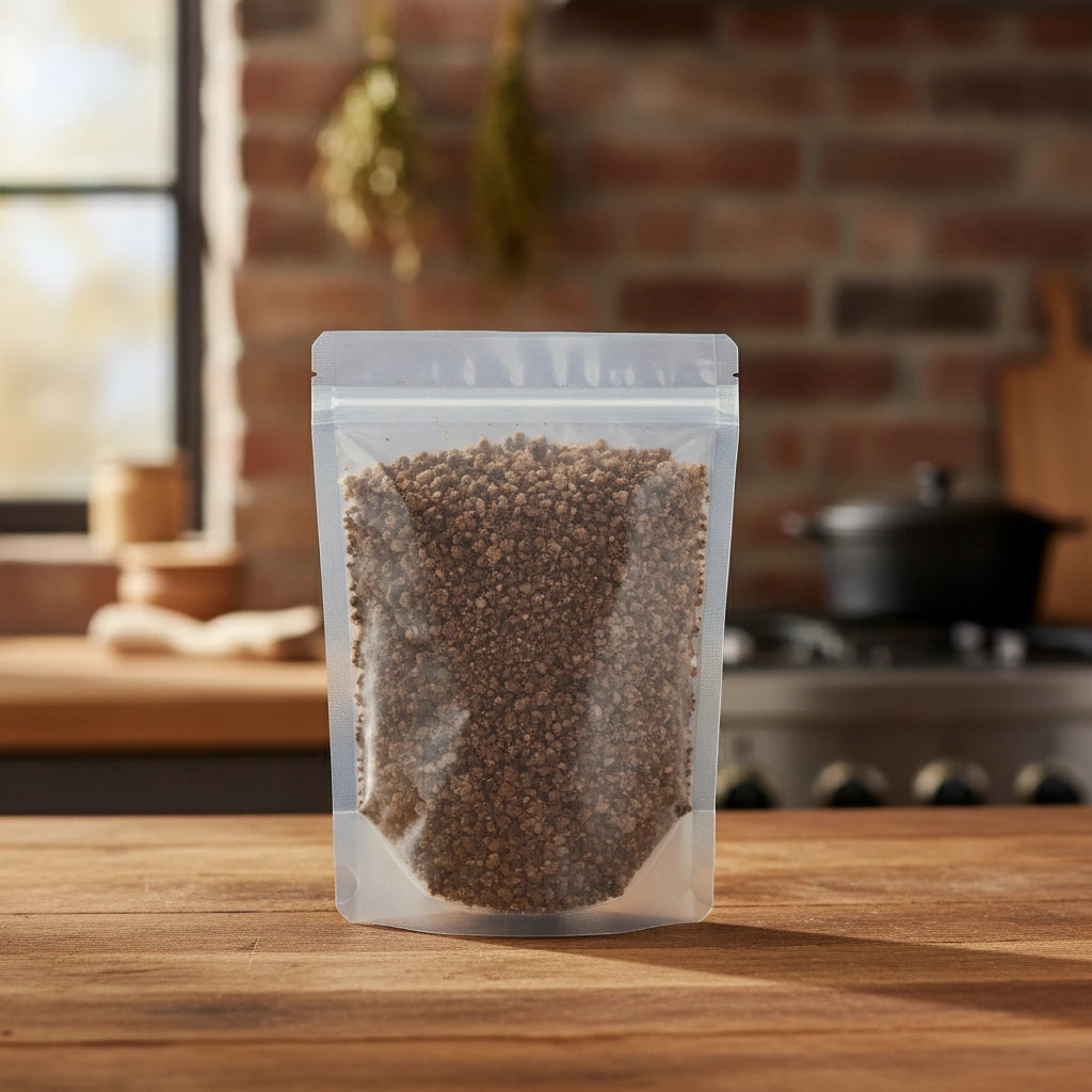 High John Root Cut (Ipomaea Jalapa) | The herb/berry/powder/fruit/root/bark that is in the black bowl, i would like it to shown in a plastic stand up resalable pouch that is clear.