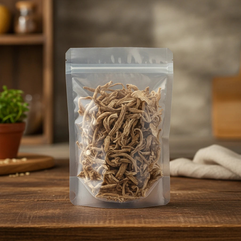 Hog's Fennel Root Whole (Peucedanum Praeruptorum) | The herb/berry/powder/fruit/root/bark that is in the black bowl, i would like it to shown in a plastic stand up resalable pouch that is clear.