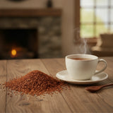 Honeybush Red Herbal Tea (Cyclopia Intermedia) | Can you show this tea outside of the bag and bowl, on a table next to a hot tea cup in a rustic home.