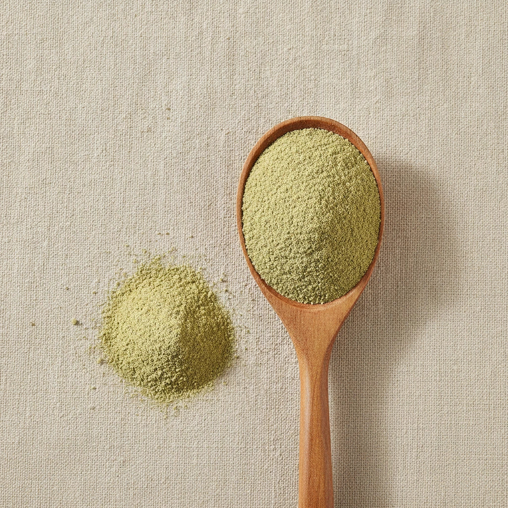 Hops Flowers Powder (Humulus Lupulus) | Create a luxurious, photorealistic product photograph featuring the original product naturally arranged in an elegant handcrafted wooden spoon on a soft, finely