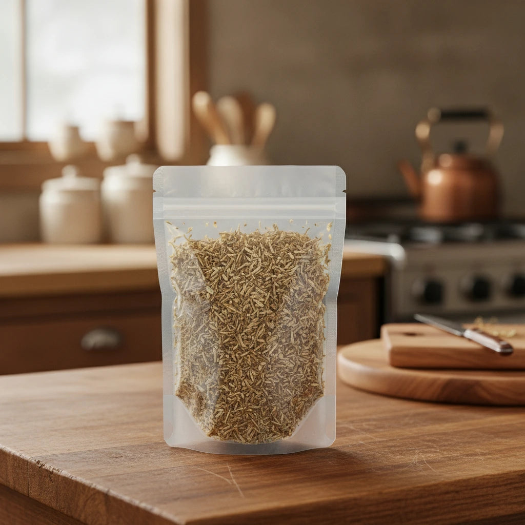 Hyssop Herb Cut (Hyssopus Officinalis) | The herb/berry/powder/fruit/root/bark that is in the black bowl, i would like it to shown in a plastic stand up resalable pouch that is clear.