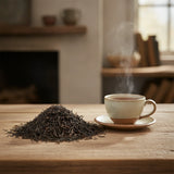 Irish Breakfast Blend Black Tea (Camellia Sinensis) | Can you show this tea outside of the bag and bowl, on a table next to a hot tea cup in a rustic home.