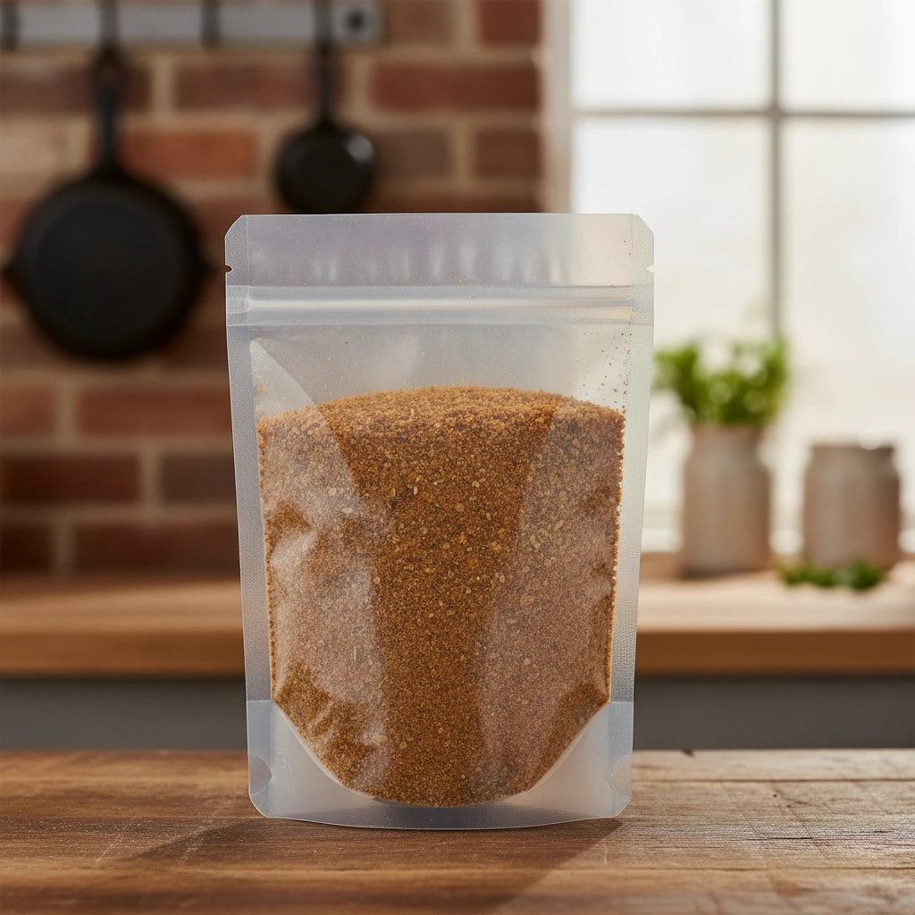 Jamaican Jerk Seasoning Spice Blend | The herb/berry/powder/fruit/root/bark that is in the black bowl, i would like it to shown in a plastic stand up resalable pouch that is clear.