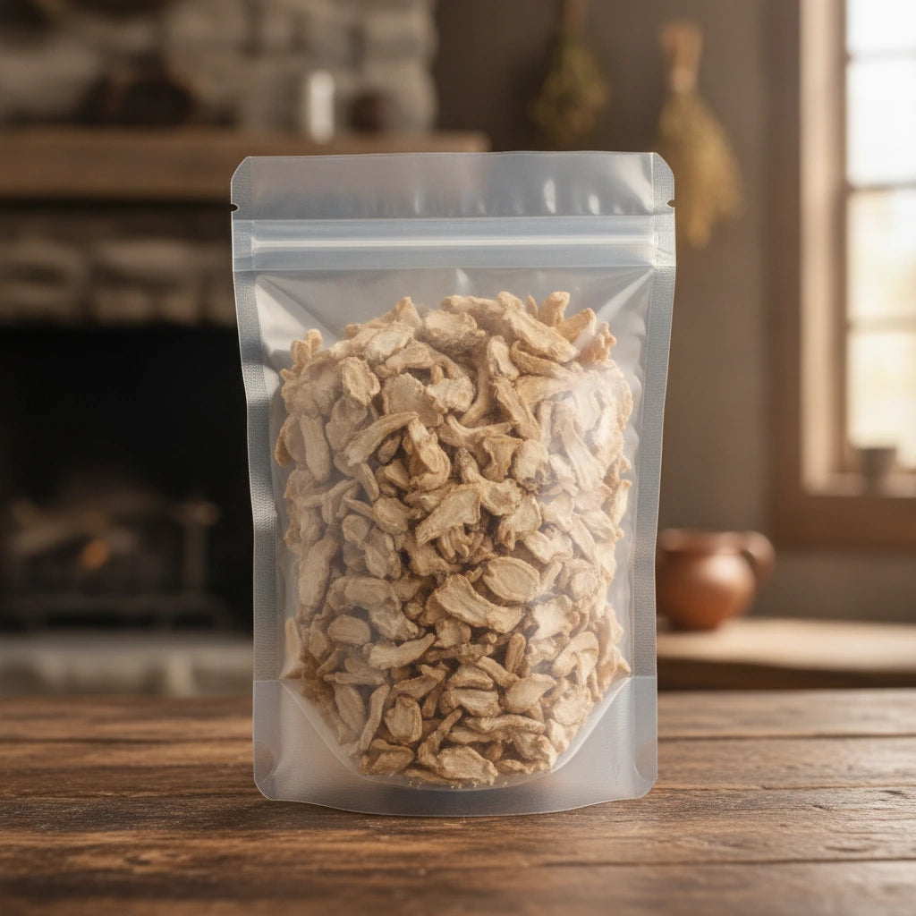 Japanese Ginseng Rhizome Pieces (Panax Japonicus) | The herb/berry/powder/fruit/root/bark that is in the black bowl, i would like it to shown in a plastic stand up resalable pouch that is clear.