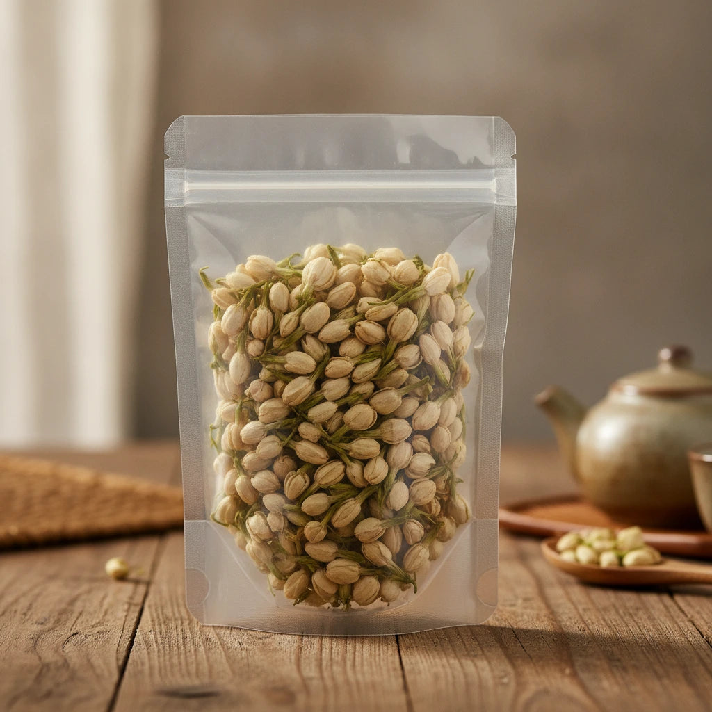 Jasmine Flowers Whole (Jasminum Officinale) | The herb/berry/powder/fruit/root/bark that is in the black bowl, i would like it to shown in a plastic stand up resalable pouch that is clear.