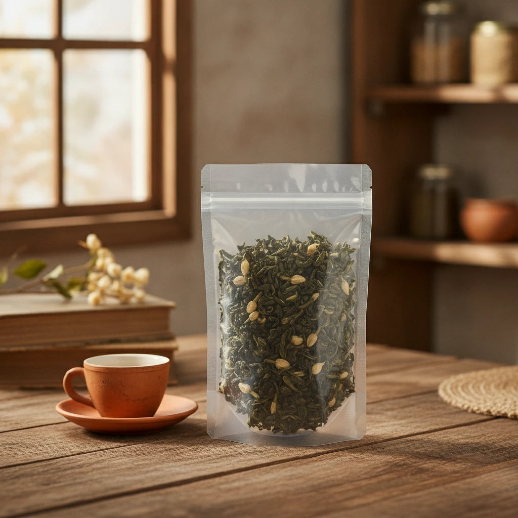 Jasmine Green Tea (Camellia Sinensis) | The herb/powder/tea that is in the black bowl, i would like it to shown in a plastic stand up resalable bag that is clear.