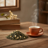 Jasmine Green Tea (Camellia Sinensis) | Can you show this tea outside of the bag and bowl, on a table next to a hot tea cup in a rustic home.