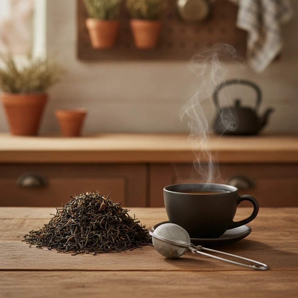 Jin Jun Mei Black Tea (Camellia Sinensis) | Can you show this tea outside of the bag and bowl, on a table next to a hot tea cup in a rustic home.