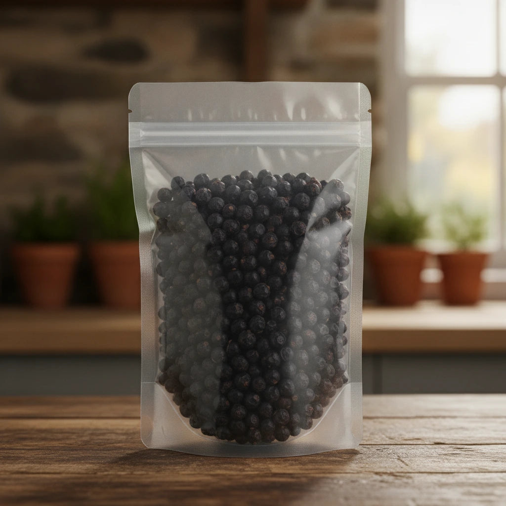 Juniper Berries Whole (German) (Juniperus Communis) | The herb/berry/powder/fruit that is in the black bowl, i would like it to shown in a plastic stand up resalable bag that is clear.
