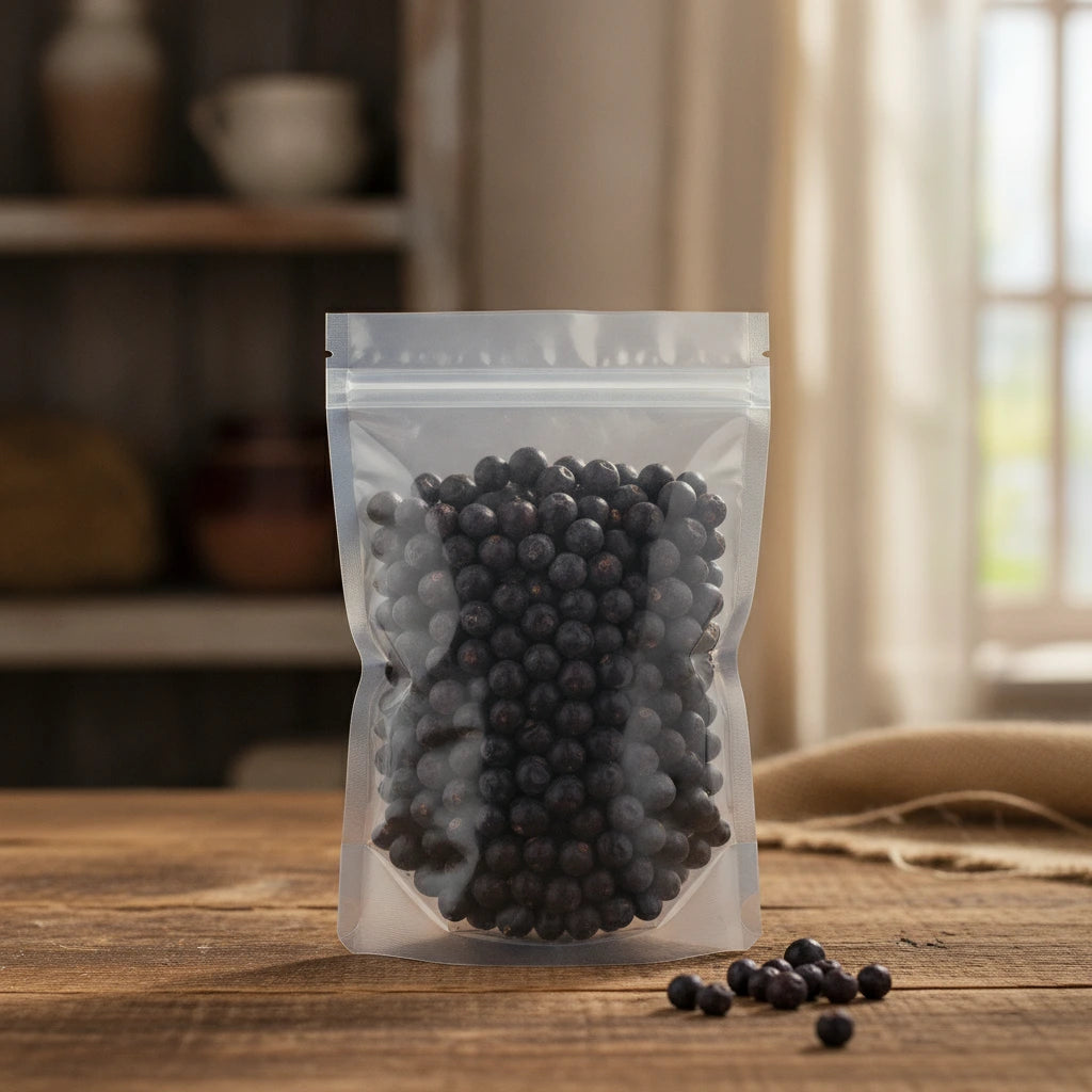Juniper Berries Whole (Italian) (Juniperus Communis) | The herb/berry/powder/fruit that is in the black bowl, i would like it to shown in a plastic stand up resalable bag that is clear.