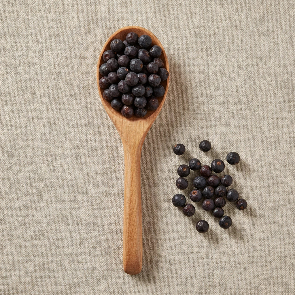 Juniper Berries Whole (Italian) (Juniperus Communis) | Create a luxurious, photorealistic product photograph featuring the original product naturally arranged in an elegant handcrafted wooden spoon on a soft, finely