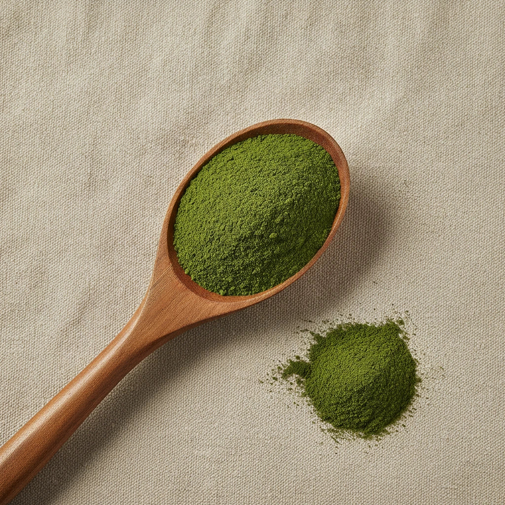 Kale Powder (Brassica Oleracea) | Create a luxurious, photorealistic product photograph featuring the original product naturally arranged in an elegant handcrafted wooden spoon on a soft, finely