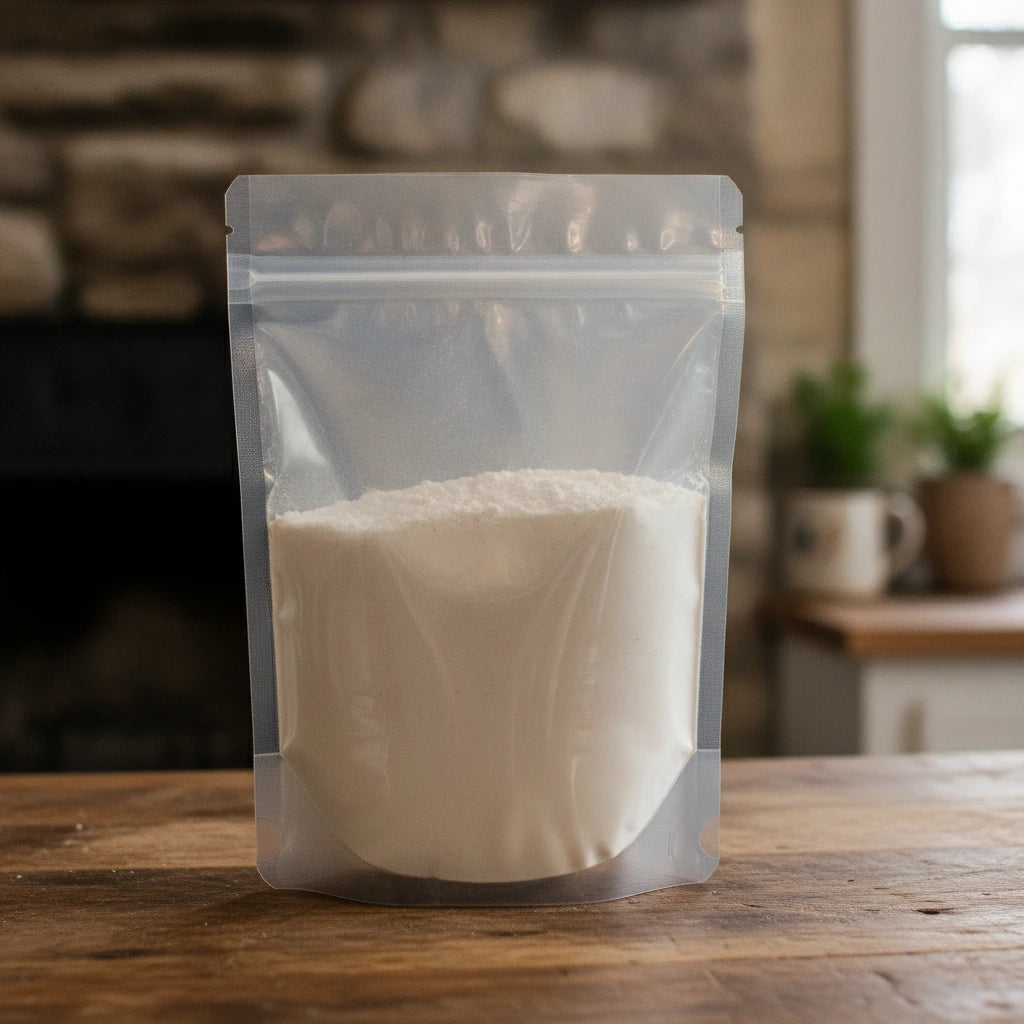 Kaolin Clay Powder (Kaolinite) | The herb/berry/powder/fruit/root/bark that is in the black bowl, i would like it to shown in a plastic stand up resalable pouch that is clear.