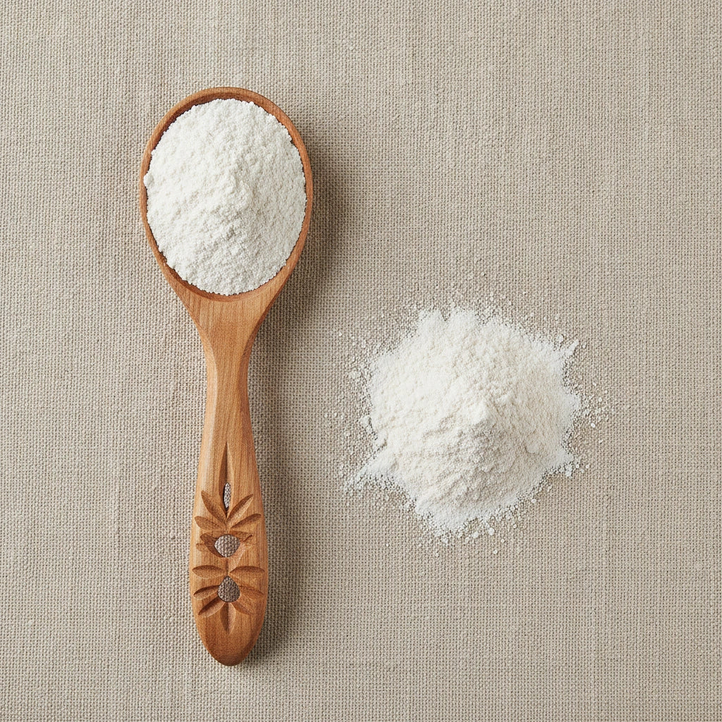 Kaolin Clay Powder (Kaolinite) | Create a luxurious, photorealistic product photograph featuring the original product naturally arranged in an elegant handcrafted wooden spoon on a soft, finely