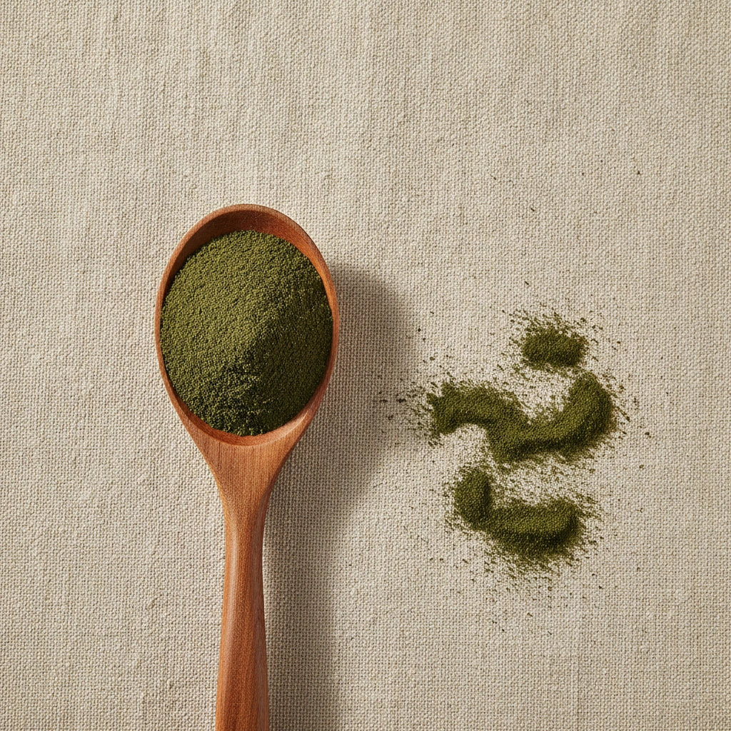 Kelp Powder (Ascophyllum Nodosum) | Create a luxurious, photorealistic product photograph featuring the original product naturally arranged in an elegant handcrafted wooden spoon on a soft, finely