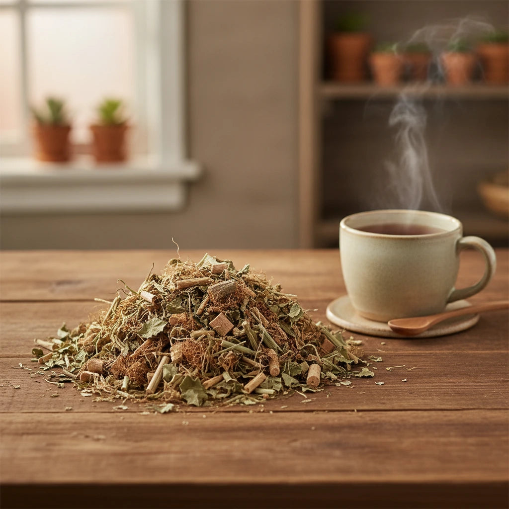 Kidney Herbal Tea | Can you show this tea outside of the bag and bowl, on a table next to a hot tea cup in a rustic home.