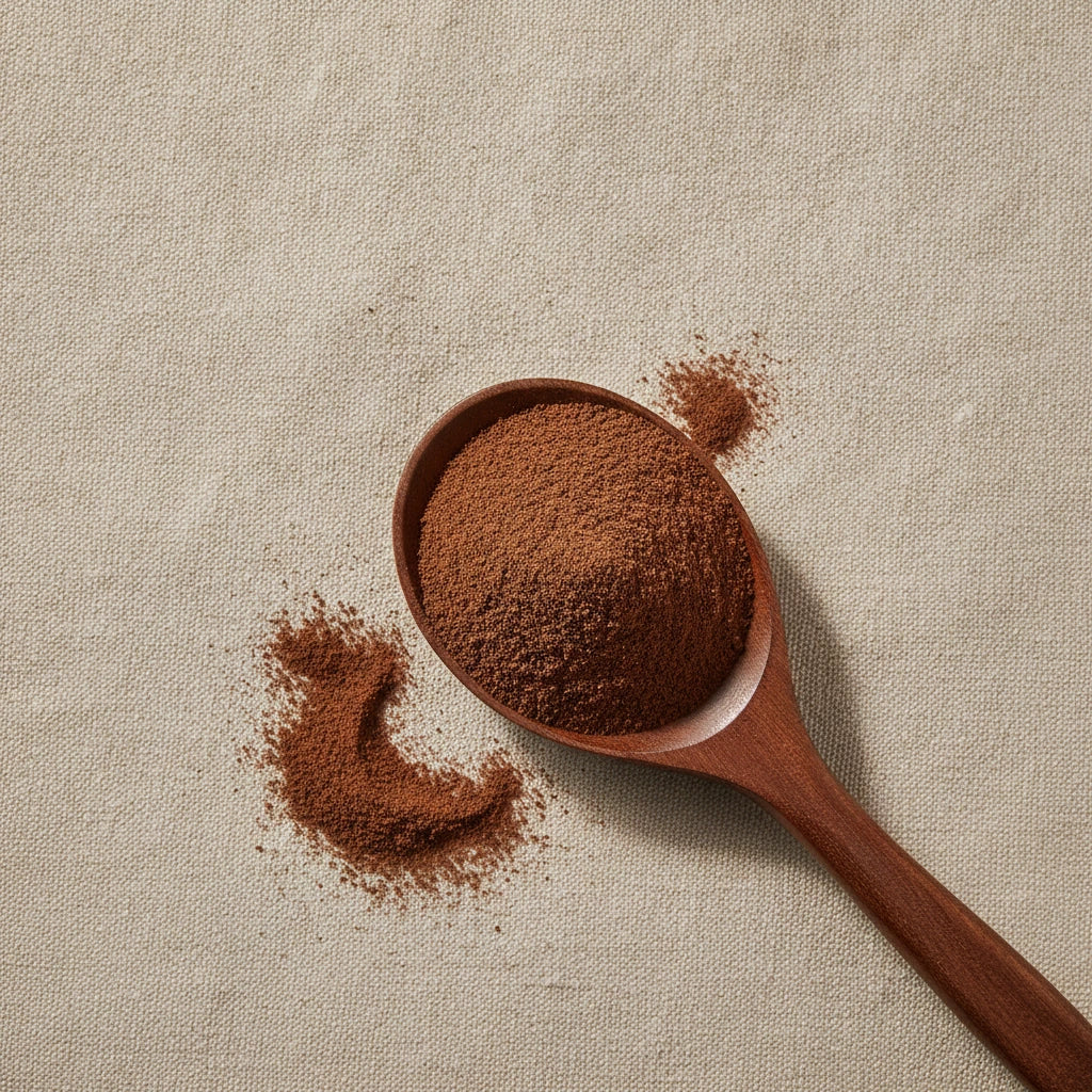 Kola Nut Powder (Cola Acuminate) | Create a luxurious, photorealistic product photograph featuring the original product naturally arranged in an elegant handcrafted wooden spoon on a soft, finely