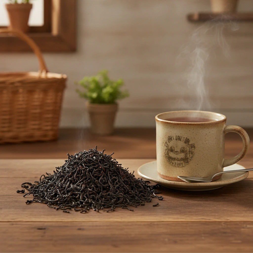 Lapsang Souchong Tea (Camellia Sinensis) | Can you show this tea outside of the bag and bowl, on a table next to a hot tea cup in a rustic home.