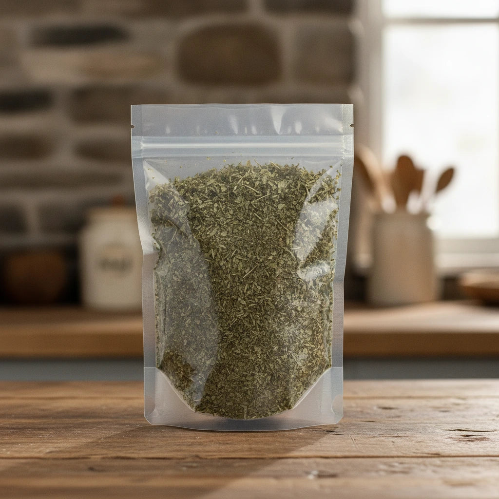 Lemon Balm Leaf Cut (Melissa Officinalis) | The herb/berry/powder/fruit/root/bark that is in the black bowl, i would like it to shown in a plastic stand up resalable pouch that is clear.