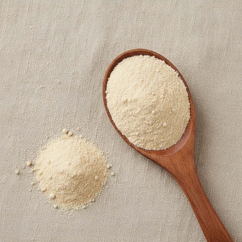 Lemon Juice Powder (Citrus Limon) | Create a luxurious, photorealistic product photograph featuring the original product naturally arranged in an elegant handcrafted wooden spoon on a soft, finely