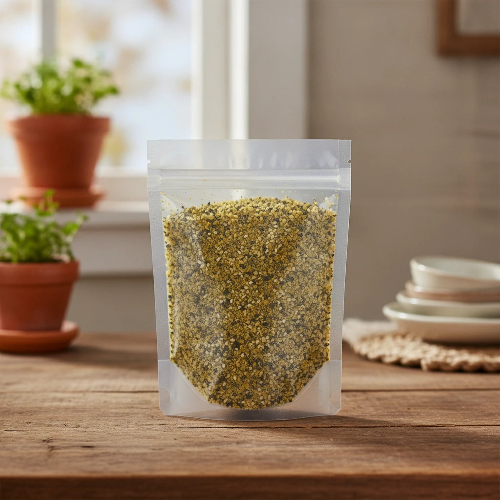Lemon Pepper Spice Blend | The herb/berry/powder/fruit/root/bark that is in the black bowl, i would like it to shown in a plastic stand up resalable pouch that is clear.