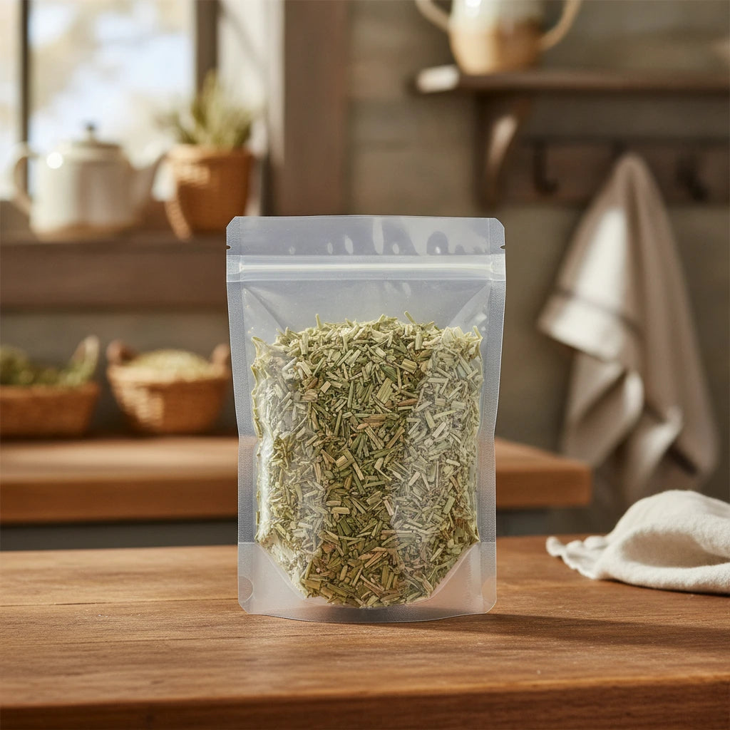 Lemongrass Cut (Cymbopogon Citratus) | The herb/berry/powder/fruit/root/bark that is in the black bowl, i would like it to shown in a plastic stand up resalable pouch that is clear.