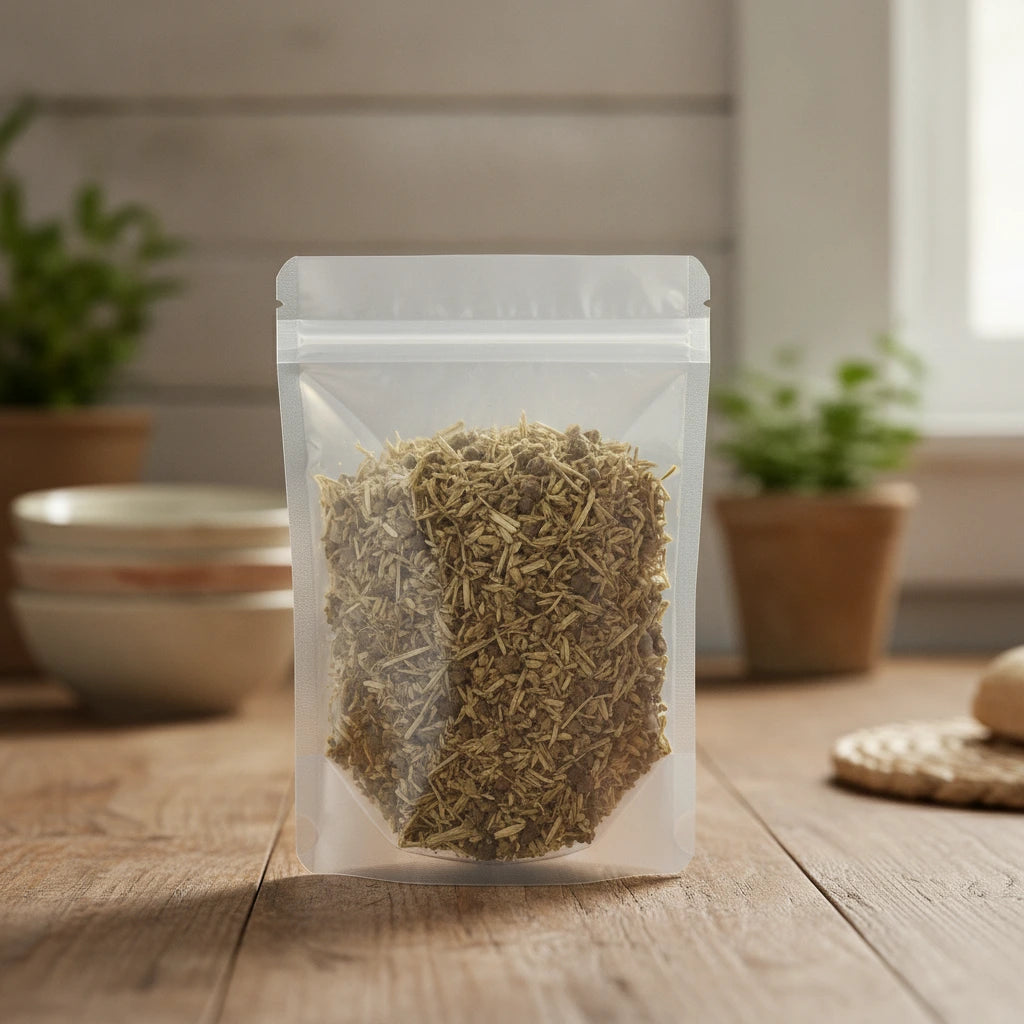 Licorice Root Cut (Glycyrrhiza Glabra) | The herb/berry/powder/fruit/root/bark that is in the black bowl, i would like it to shown in a plastic stand up resalable pouch that is clear.
