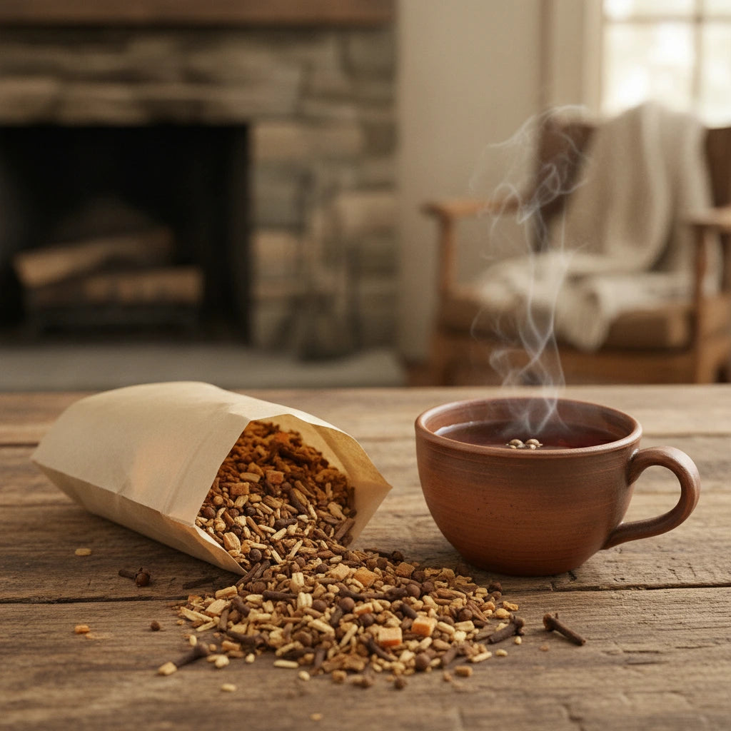 Licorice Spice Herbal Tea | Can you show this tea outside of the bag and bowl, on a table next to a hot tea cup in a rustic home.