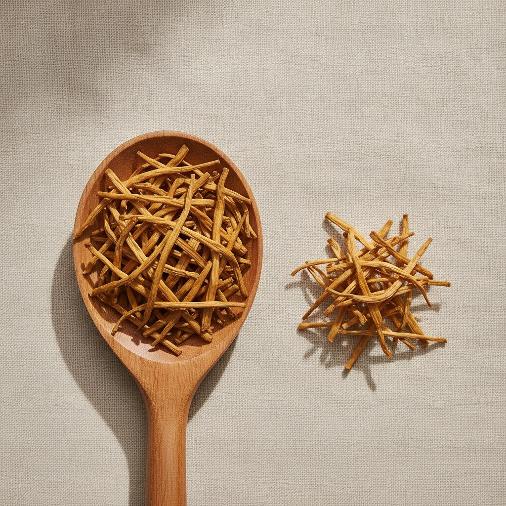 Lily Buds Whole (Hemerocallis Fulva) | Create a luxurious, photorealistic product photograph featuring the original product naturally arranged in an elegant handcrafted wooden spoon on a soft, finely