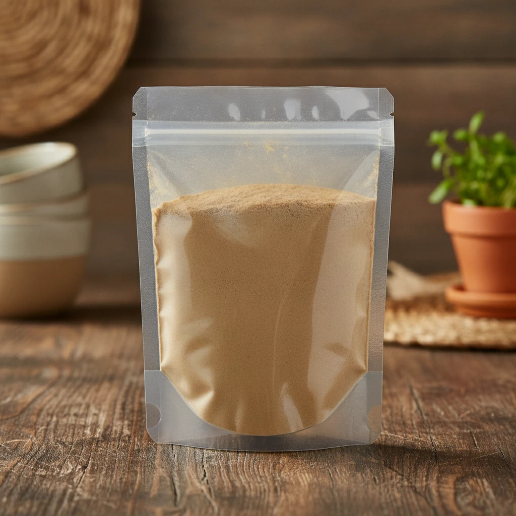 Lion's Mane Mushroom Powder (Hericium Erinaceus) | The herb/berry/powder/fruit/root/bark that is in the black bowl, i would like it to shown in a plastic stand up resalable pouch that is clear.