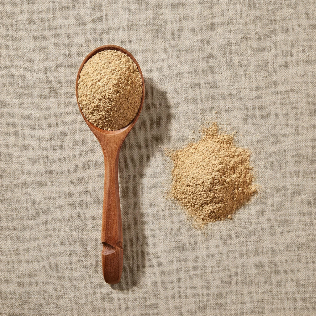 Lion's Mane Mushroom Powder (Hericium Erinaceus) | Create a luxurious, photorealistic product photograph featuring the original product naturally arranged in an elegant handcrafted wooden spoon on a soft, finely