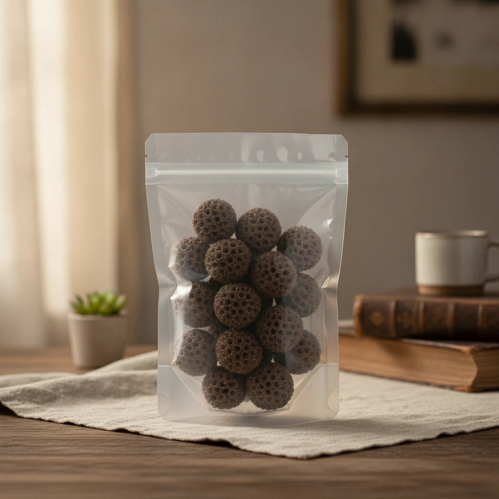 Liquidambar Fruit Whole (Liquidambar Formosana) | The herb/berry/powder/fruit/root/bark that is in the black bowl, i would like it to shown in a plastic stand up resalable pouch that is clear.