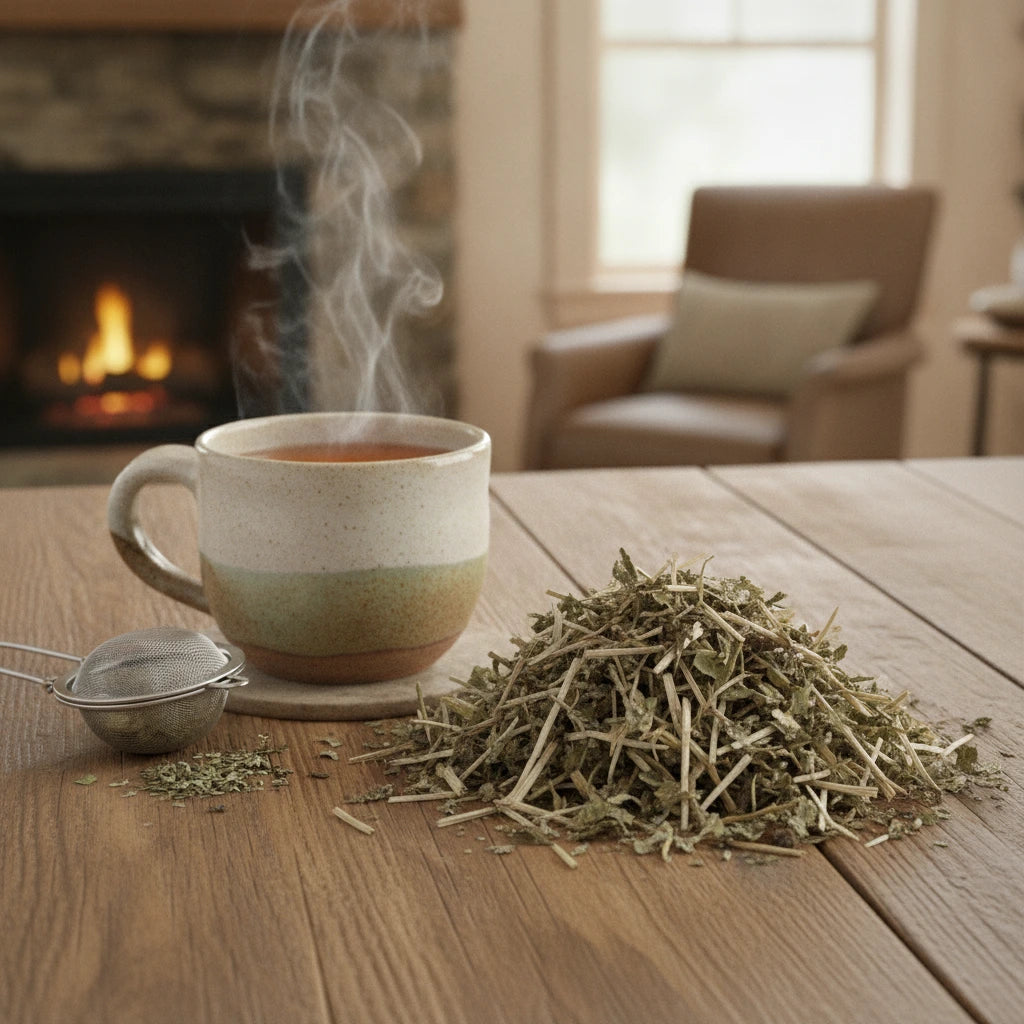Liver Herbal Tea | Can you show this tea outside of the bag and bowl, on a table next to a hot tea cup in a rustic home.