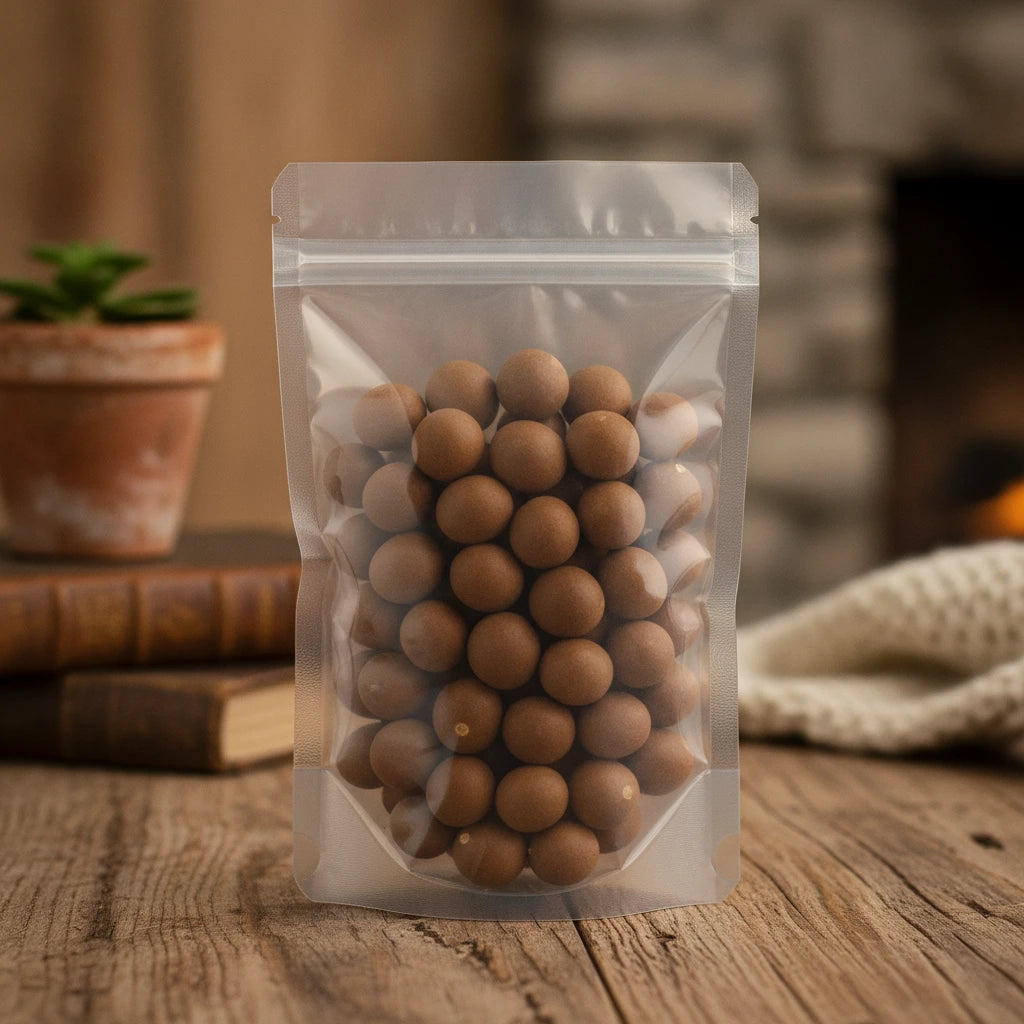 Longan Whole Dried & Roasted (Dimocarpus Longan) | The herb/berry/powder/fruit/root/bark that is in the black bowl, i would like it to shown in a plastic stand up resalable pouch that is clear.