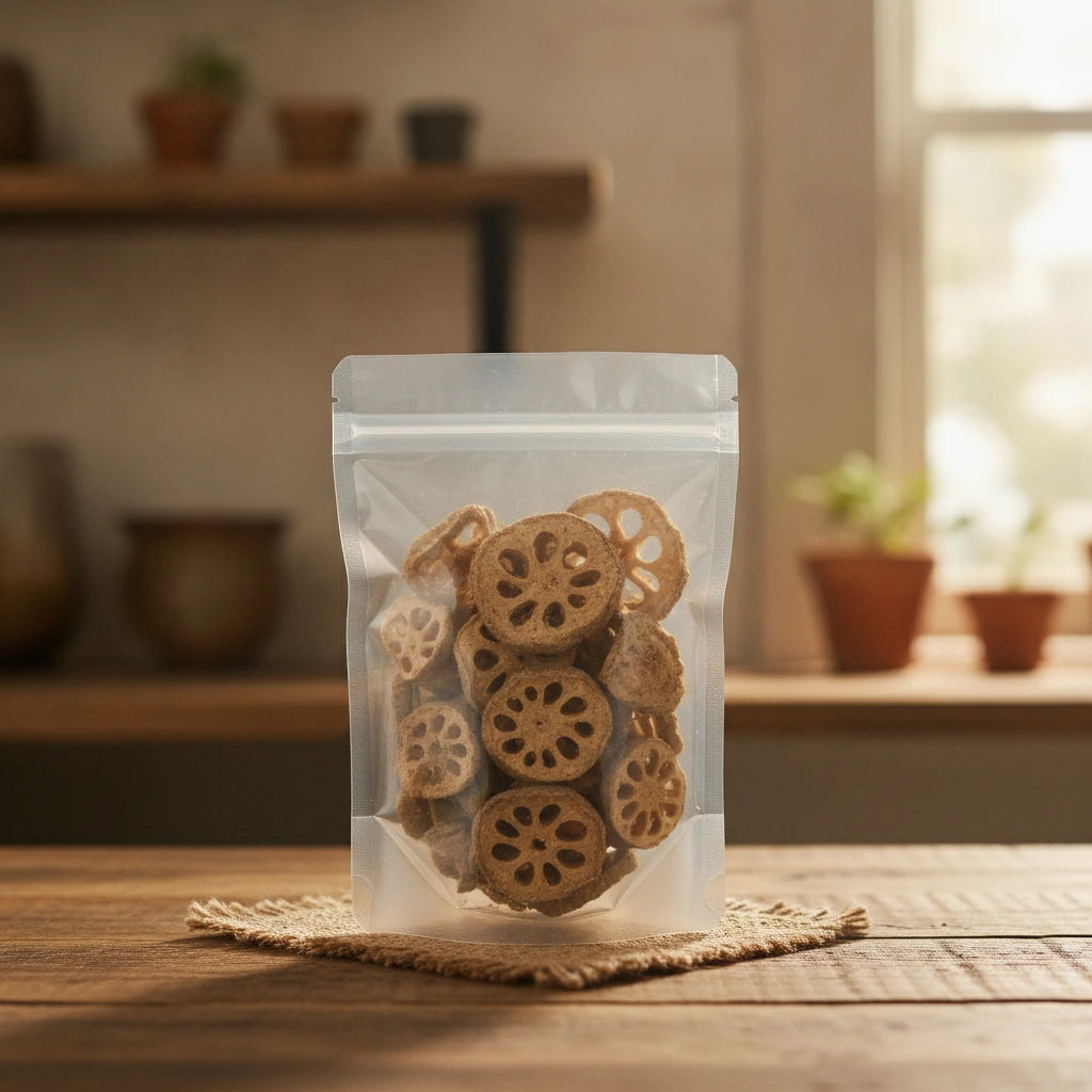 Lotus Root Node Piece (Nelumbo Nucifera) | The herb/berry/powder/fruit/root/bark that is in the black bowl, i would like it to shown in a plastic stand up resalable pouch that is clear.