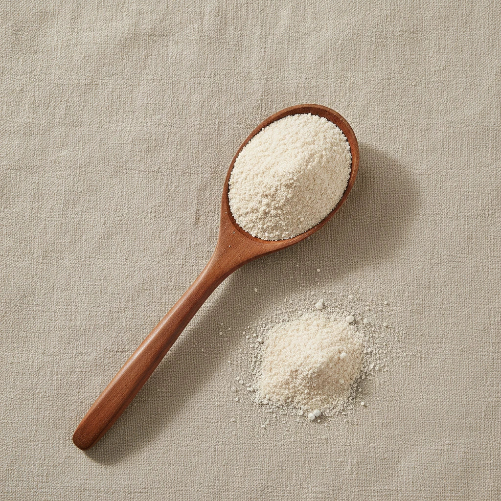Lotus Seed Powder (Nelumbo Nucifera) | Create a luxurious, photorealistic product photograph featuring the original product naturally arranged in an elegant handcrafted wooden spoon on a soft, finely