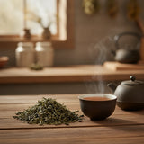 Lucky Dragon Young Hyson Green Tea (Camellia Sinensis) | Can you show this tea outside of the bag and bowl, on a table next to a hot tea cup in a rustic home.