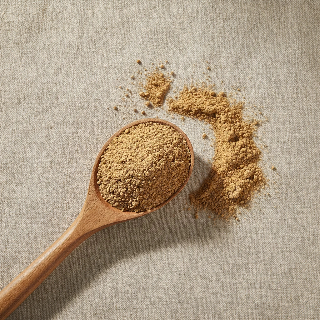 Maca Root Powder (Lepidium Meyenii) | Create a luxurious, photorealistic product photograph featuring the original product naturally arranged in an elegant handcrafted wooden spoon on a soft, finely