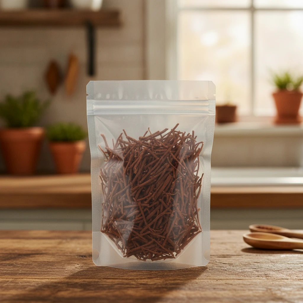 Madder Root Pieces (Rubia Cordifolia) | The herb/berry/powder/fruit/root/bark that is in the black bowl, i would like it to shown in a plastic stand up resalable pouch that is clear.