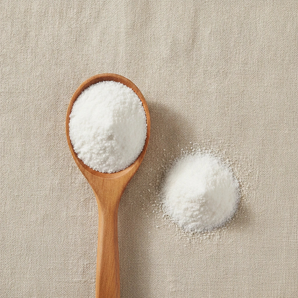 Magnesium Citrate Powder (Magnesium 2-hydroxypropane-1,2,3-tricarboxylate) | Create a luxurious, photorealistic product photograph featuring the original product naturally arranged in an elegant handcrafted wooden spoon on a soft, finely